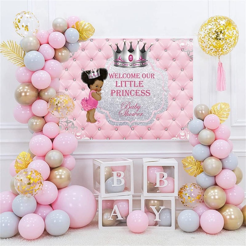 DASHAN 7x5ft Polyester Baby Shower Backdrop Welcome Our Little Princess Silver Crown Pink Photography Background for Newborn Baby Shower Baby Girl Birthday Party YouTube Photo Props - Image 3
